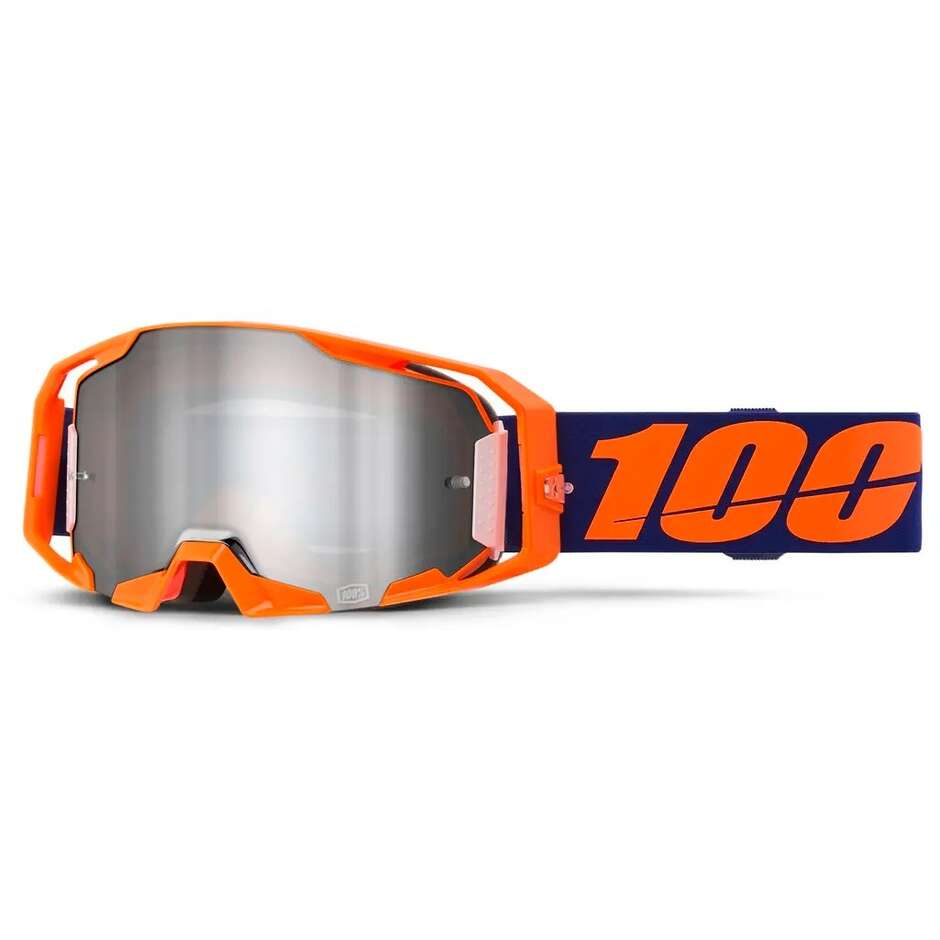 100% ARMATIC NEON Blau-Orange Cross Enduro Motorradbrille mit silberner Spiegellinse