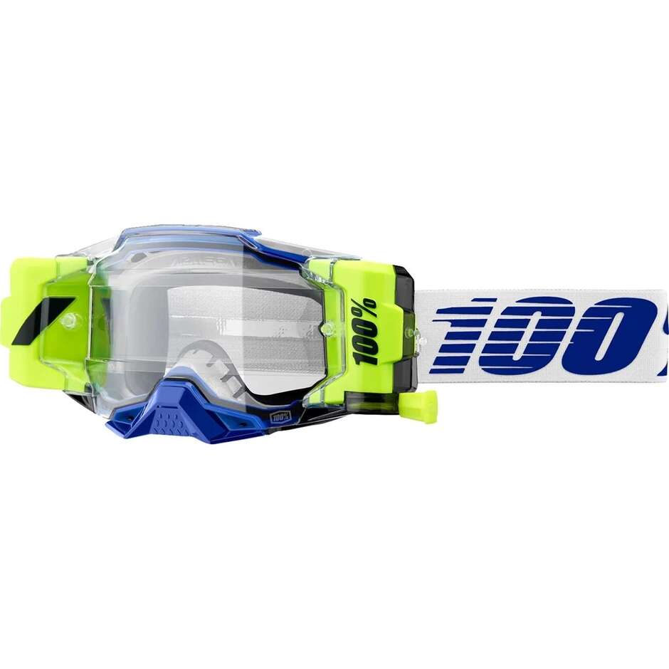 100% ARMEGA FORECAST Motocross Enduro Maske Blau Weiß Gelb Fluoro Klare Linse