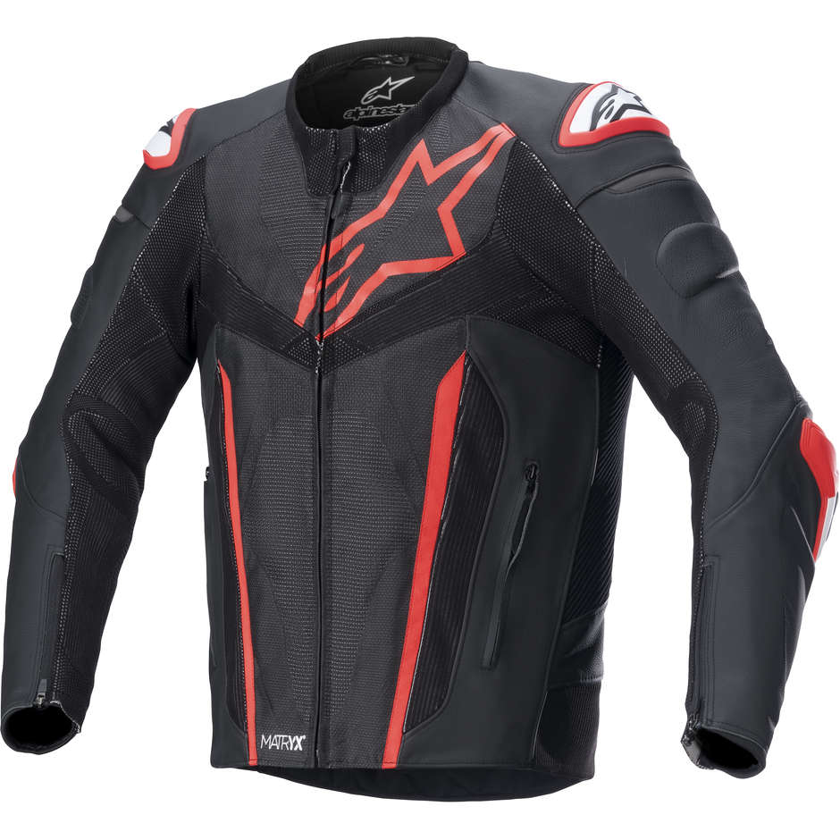 Alpinestars FUSION Leather Motorcycle Jacket Black Red Fluo