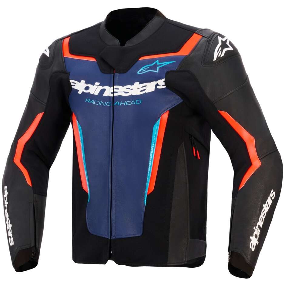 Alpinestars GP Force V2 Leder-Motorradjacke Schwarz Blau Rot Fluoreszierend