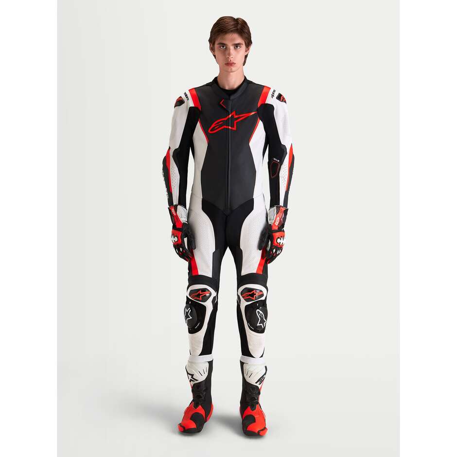 Alpinestars Missile V3 Lederkombi, einteilig, Schwarz, Weiß, Neonrot