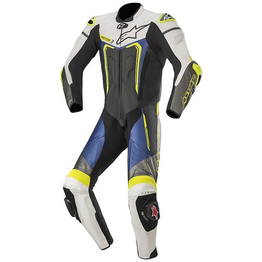 Alpinestars MOTEGI v3 Full Motorcycle Racing Leather Suit Black White Metallic Gray Blue