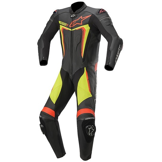 Alpinestars MOTEGI v3 Full Motorcycle Racing Suit Leather Black Red Yellow Fluo