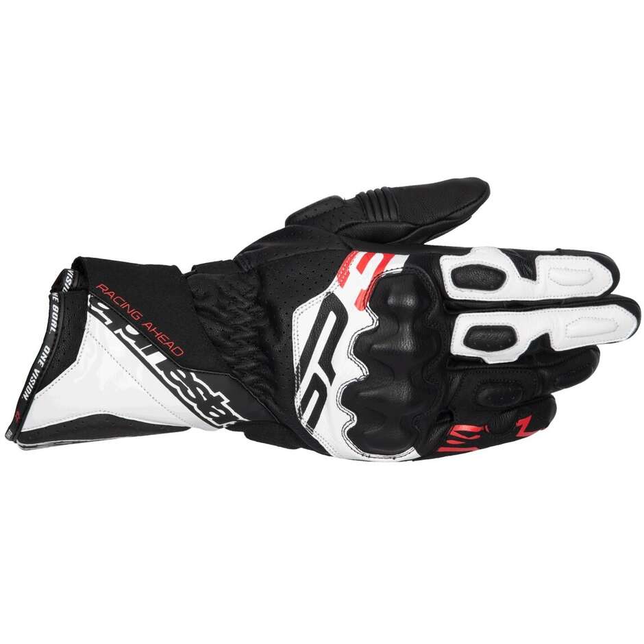 Alpinestars SP-3 Leder Motorradhandschuhe Schwarz Weiß Rot Fluoreszierend