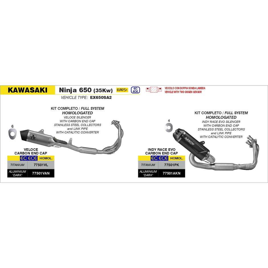 Arrow Approved Complete Exhaust with Indy Race EVO Dark Aluminum Silencer for Kawasaki NINJA 650 (35Kw) / Z 650 (35Kw) (24-25)