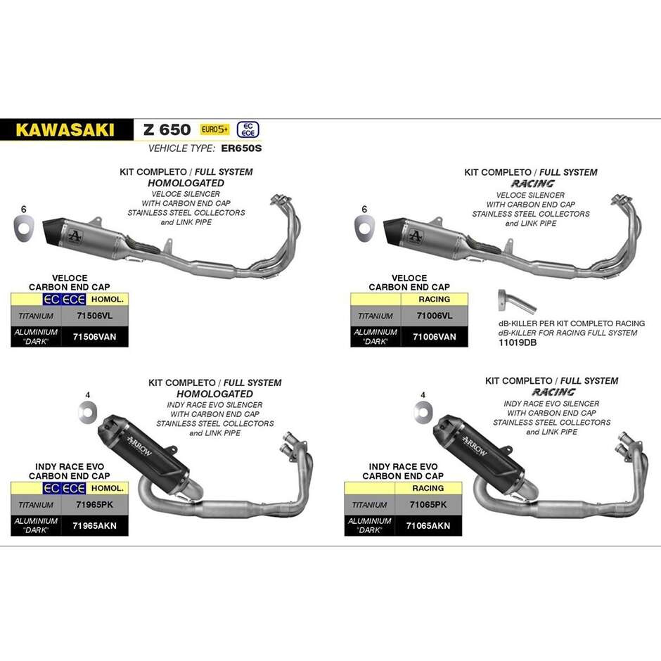 Arrow Complete Exhaust System Approved Indy Race EVO Dark Aluminum Kawasaki NINJA 650