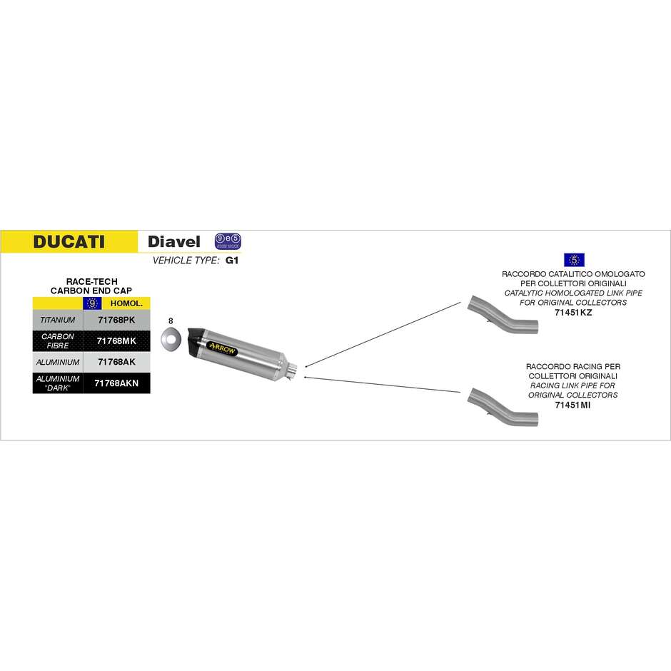 Arrow exhaust pipe for original collectors For Ducati Diavel (11-16); Monster 1200 (14-15); Monster 821 (14-17)