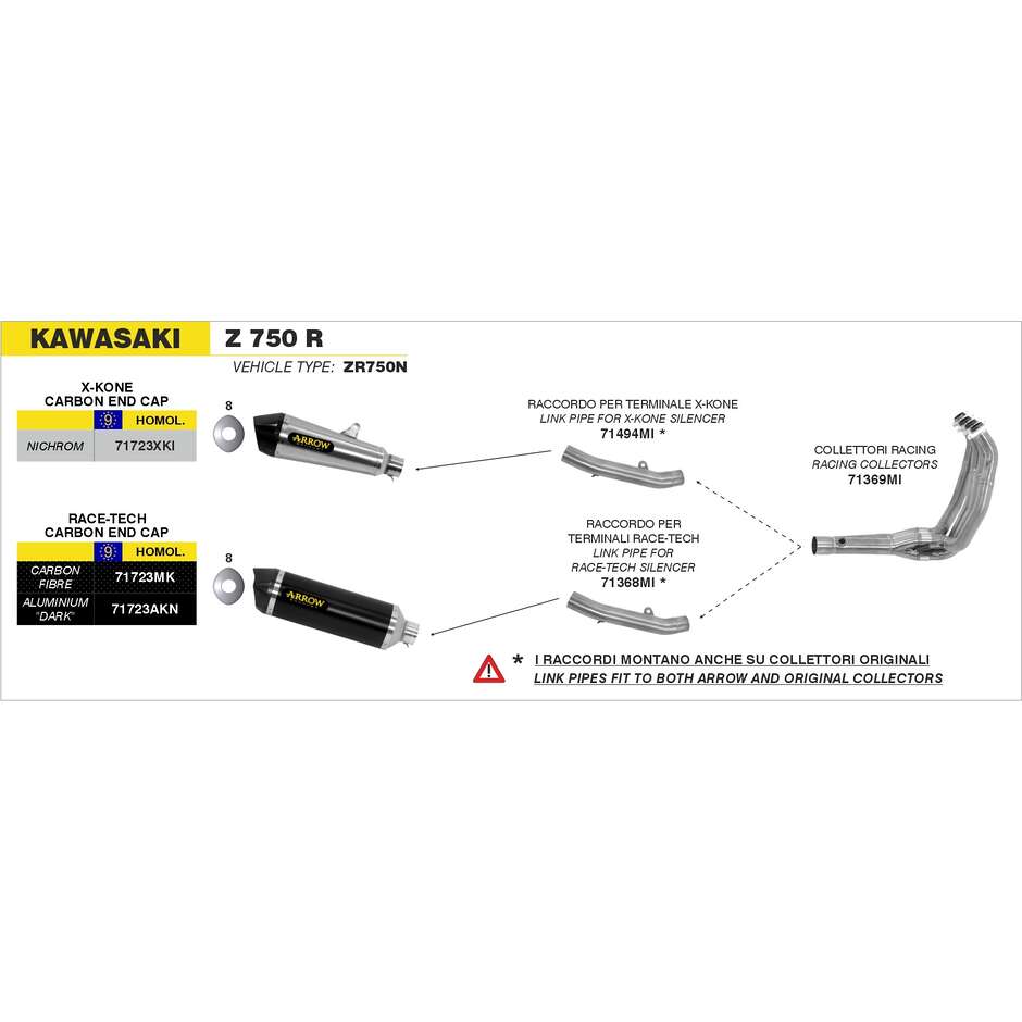 Arrow link pipe for X-Kone silencers For Kawasaki Z 750 (07-14); Z 750 R (11-14)