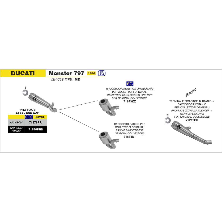 Arrow Pro-Race Nichrom Exhaust for Ducati Scrambler 800 Classic / Cafe Racer (17-20); Monster 797 (17-18)