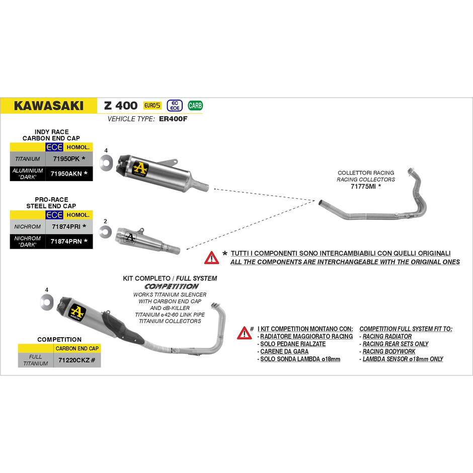 Arrow Pro-Race nichrome Dark Exhaust System For Kawasaki NINJA 400 (18-25); Z 400 (19-25)