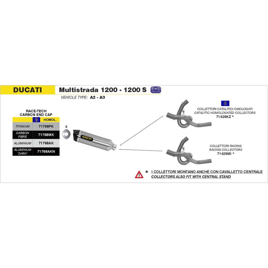Arrow Race-Tech aluminum exhaust with carby end cap for Ducati Multistrada 1200 / 1200S (10-14); Diavel (11-16); Monster 1200 (14-15); Monster 821 (15-17)
