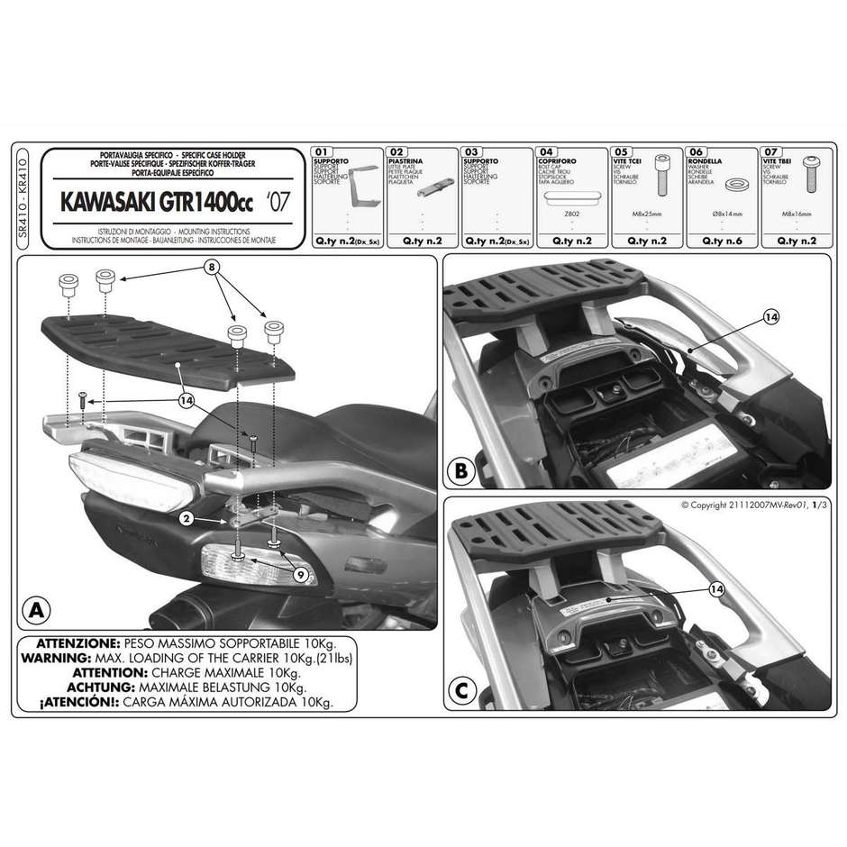 Attacco Posteriore Per Bauletti Monokey Givi SR410 Specifico per Kawasaki GTR1400 (2007-15)