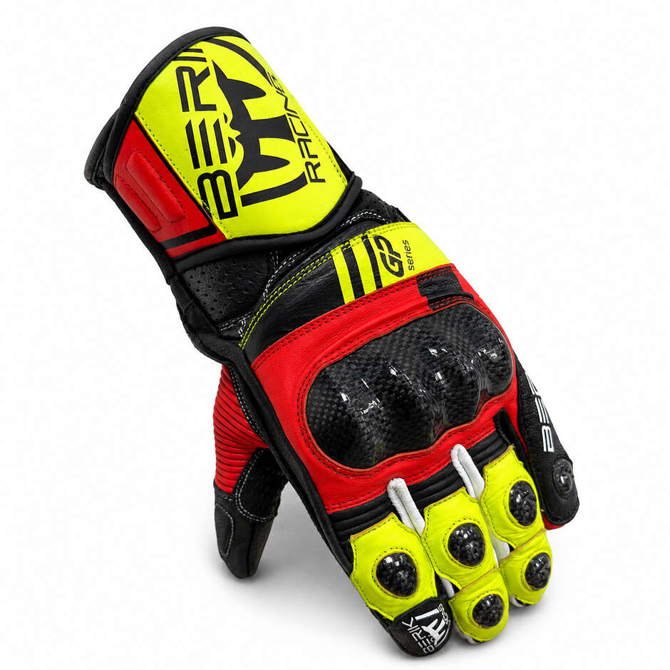 Berik 2.0 Leather Racing Motorcycle Gloves G-195112FRGp Series Black White Red Yellow