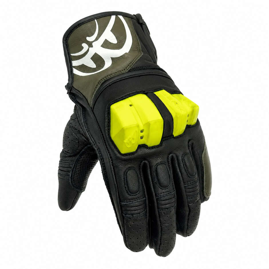Berik 2.0 Leder-Motorradhandschuhe G-255101 Schwarz Weiß Fluoreszierendes Gelb