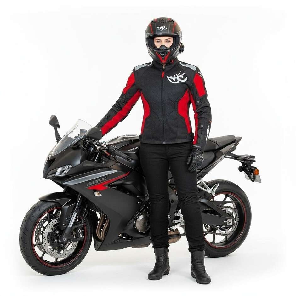 Berik 2.0 NJ-173315L Mesh Air Perforated Damen-Motorradjacke mit herausnehmbarem Futter, Schwarz und Rot