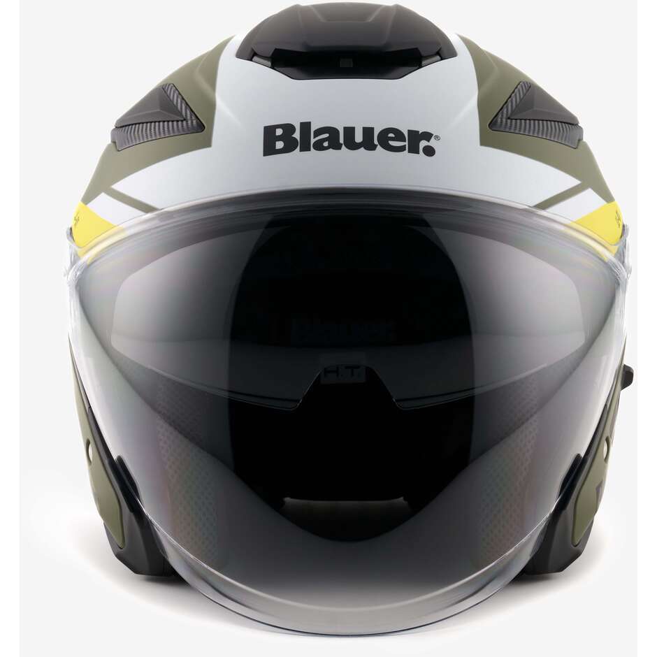 Blauer JJ01 Jet-Motorradhelm mit doppeltem grafischem Visier, Schwarz, Weiß, Gelb