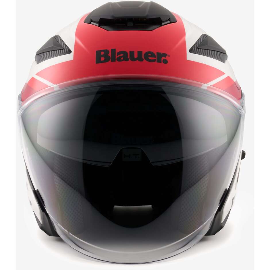 Blauer JJ01 Jet-Motorradhelm mit doppeltem grafischem Visier, Weiß, Schwarz, Rot