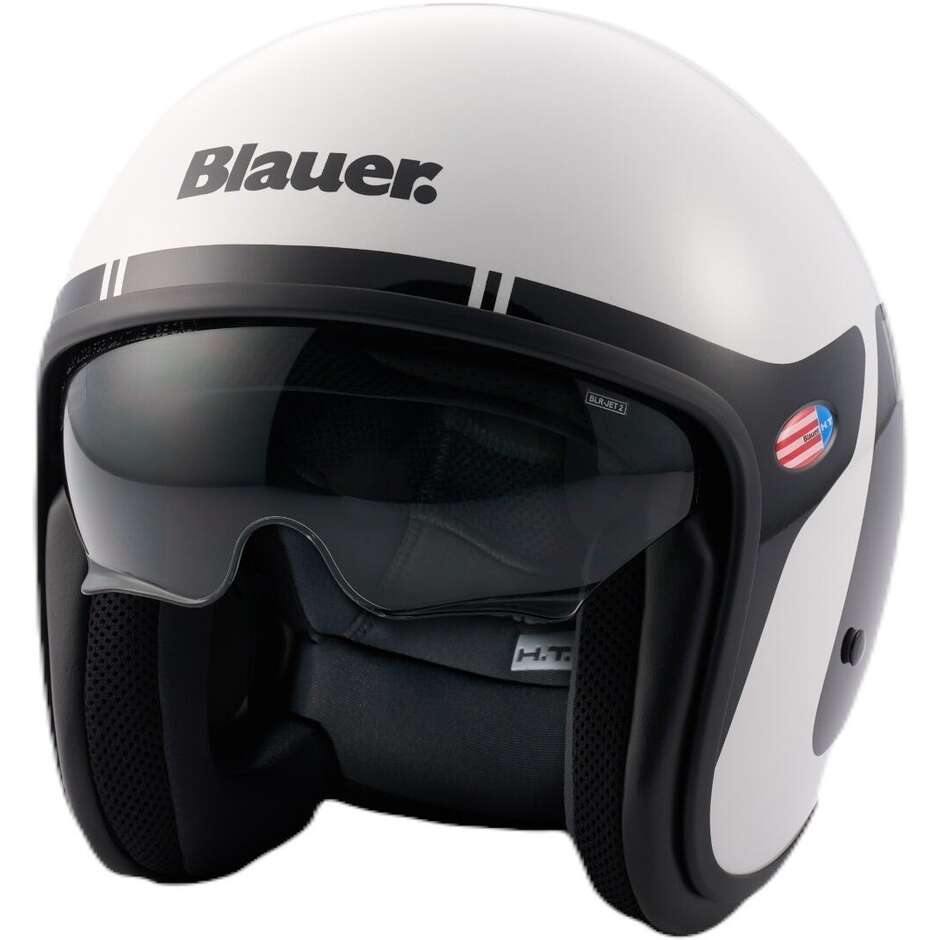 Blauer Pilot 1.1 06 Vintage Jet Motorcycle Helmet with Go Graphics, White and Black