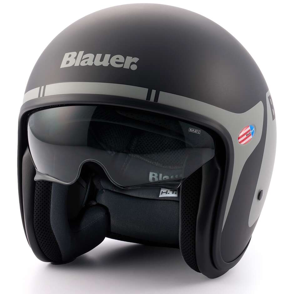 Blauer Pilot 1.1 06 Vintage Jet-Motorradhelm mit Go-Grafiken, Mattschwarz-Titan