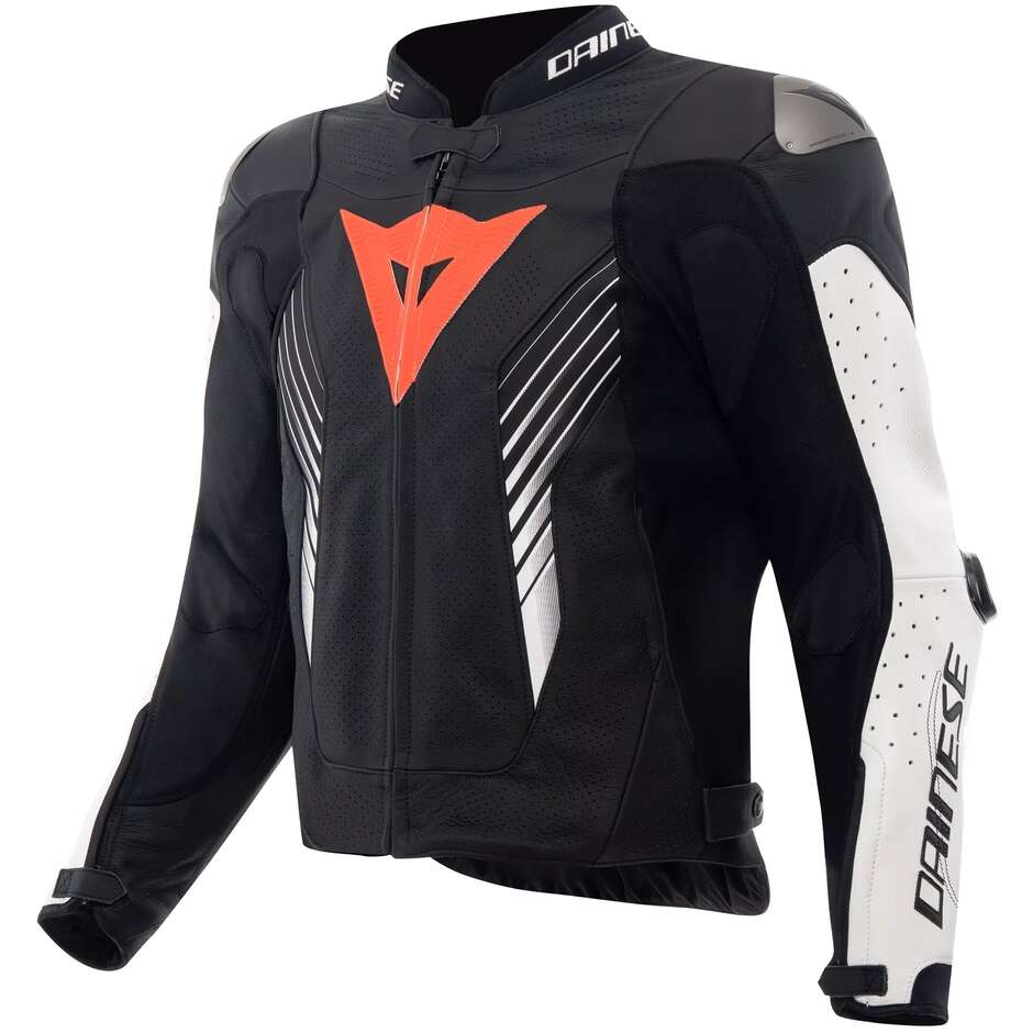 Blouson de moto en cuir Dainese SUPER SPEED 5 PERF. Noir Blanc Rouge