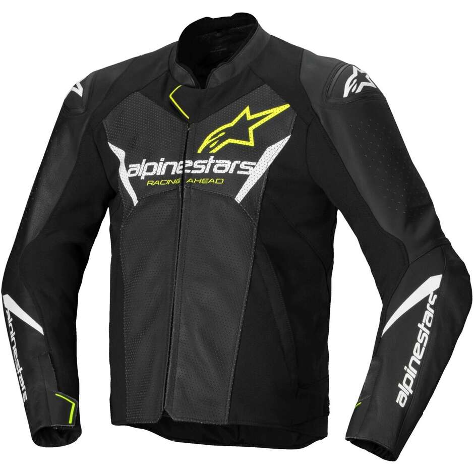 Blouson Moto Cuir Alpinestars FASTER V3 AIRFLOW Noir Blanc Jaune Fluo