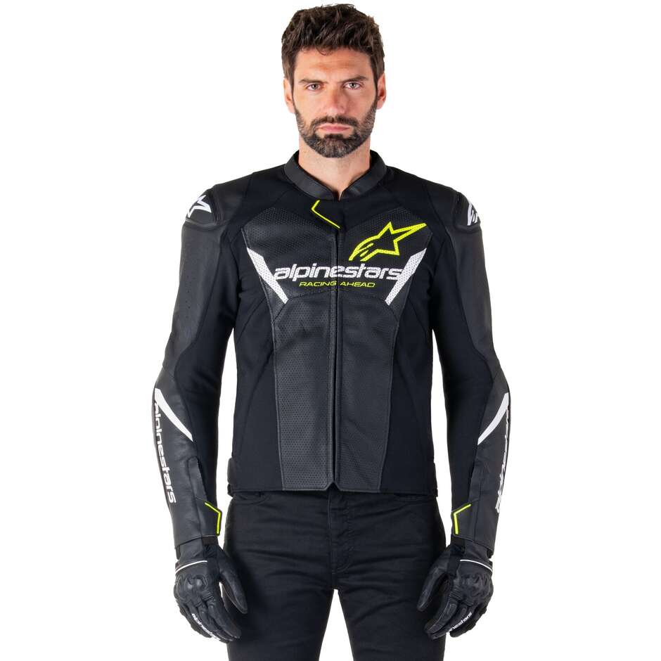 Blouson Moto Cuir Alpinestars FASTER V3 AIRFLOW Noir Blanc Jaune Fluo