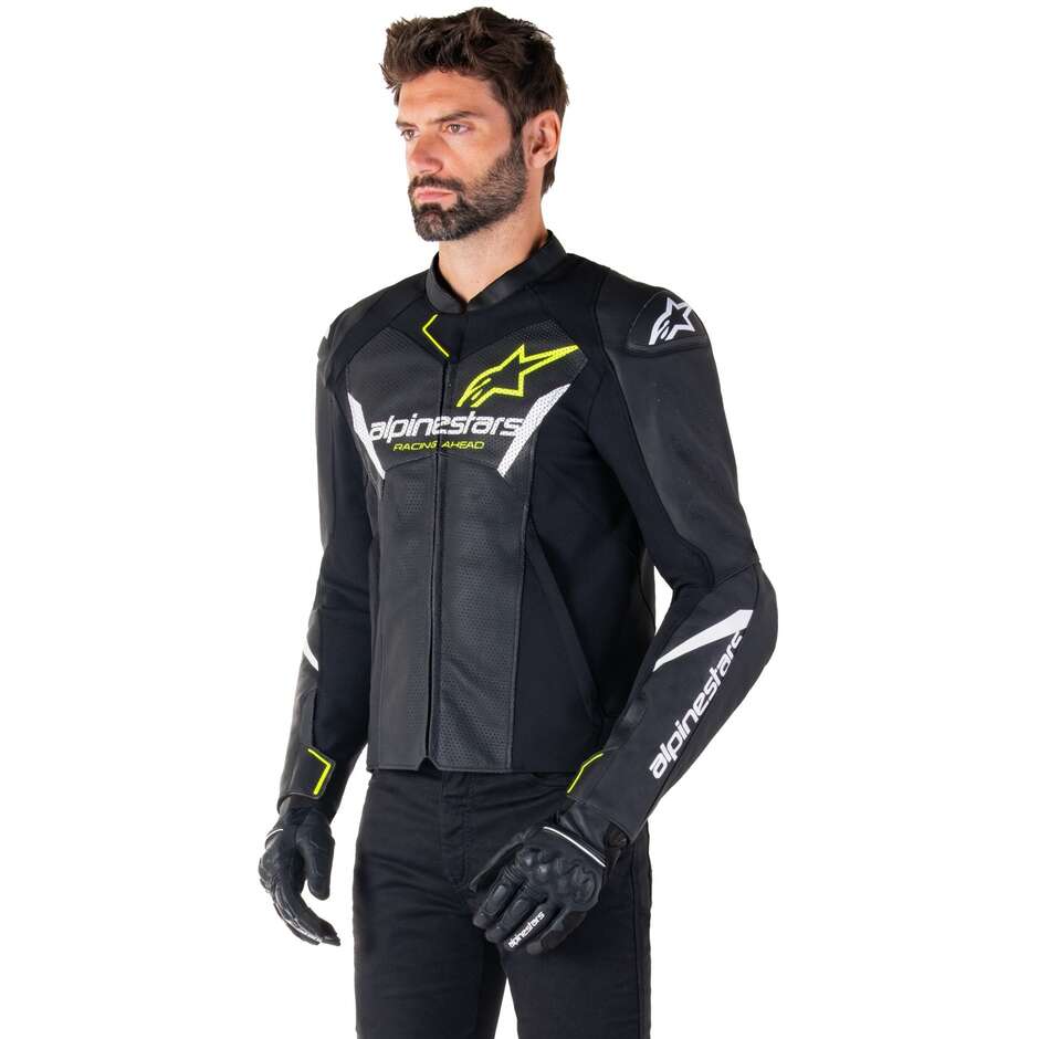 Blouson Moto Cuir Alpinestars FASTER V3 AIRFLOW Noir Blanc Jaune Fluo