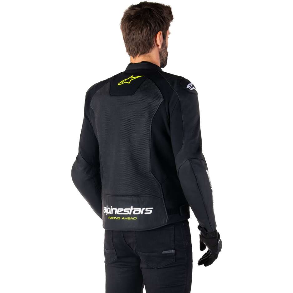 Blouson Moto Cuir Alpinestars FASTER V3 AIRFLOW Noir Blanc Jaune Fluo