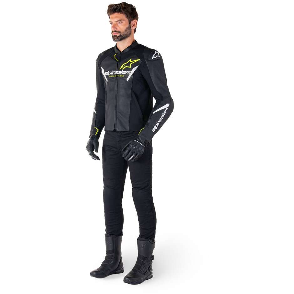 Blouson Moto Cuir Alpinestars FASTER V3 AIRFLOW Noir Blanc Jaune Fluo