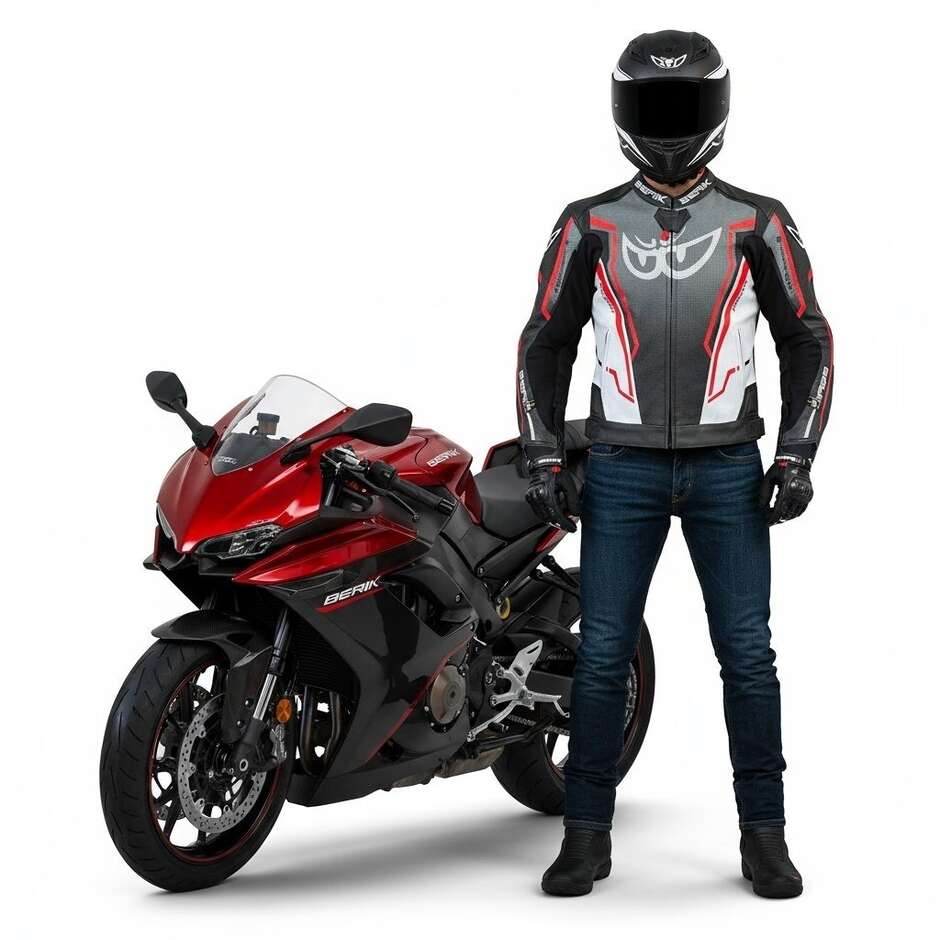 Blouson Moto Cuir Berik LJ-181334C Noir Blanc Gris Rouge Fluo