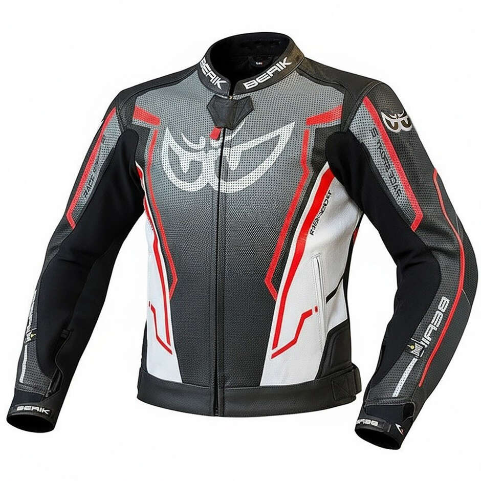 Blouson Moto Cuir Berik LJ-181334C Noir Blanc Gris Rouge Fluo
