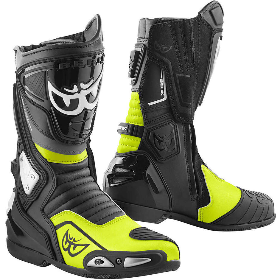 Bottes de moto de course Berik Donington 1563-BK Noir Jaune Fluo