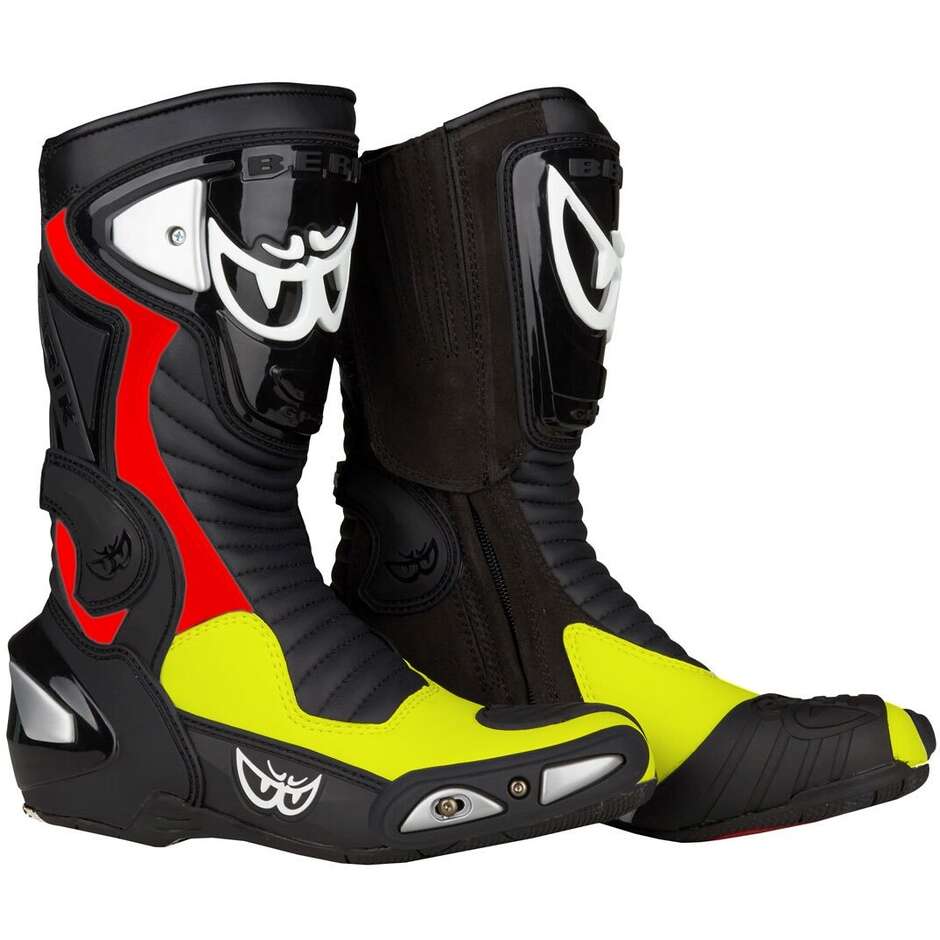 Bottes de moto de course Berik Race-X Evo 1289-BK Noir Rouge Jaune Fluo