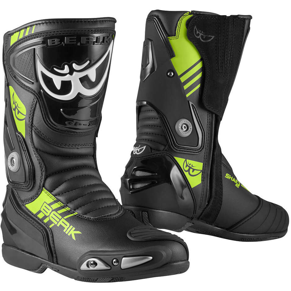 Bottes de moto de course Berik SHAFT 3.0 1448-BK noires et jaunes fluo