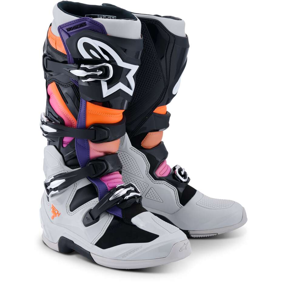 Bottes de motocross enduro Alpinestars TECH 7 Noir Gris clair Orange fluo Magenta