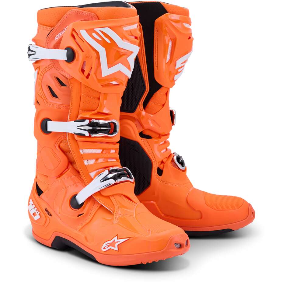 Bottes motocross enduro Alpinestars TECH 10 SUPERVENTED orange fluo noir blanc