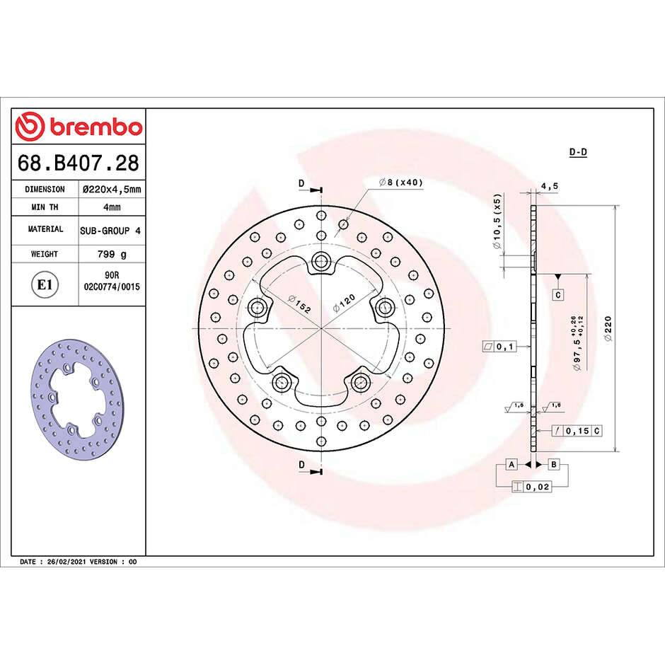 Brembo Gold Series 220mm Fixed Motorcycle Brake Disc 68B40728 For SYM HD2 CBS (2011-2017); HD EVO (2006-2016) and other models