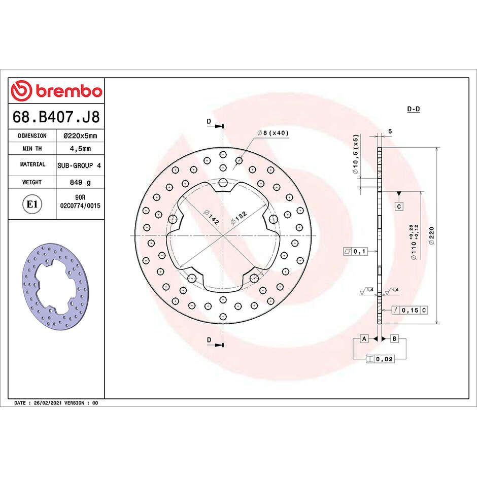 Brembo Gold Series 220mm Fixed Rear Motorcycle Brake Disc 68B407J8 For SYM HD2 I (2010-2017); Joymax I (2012-2014) and other models
