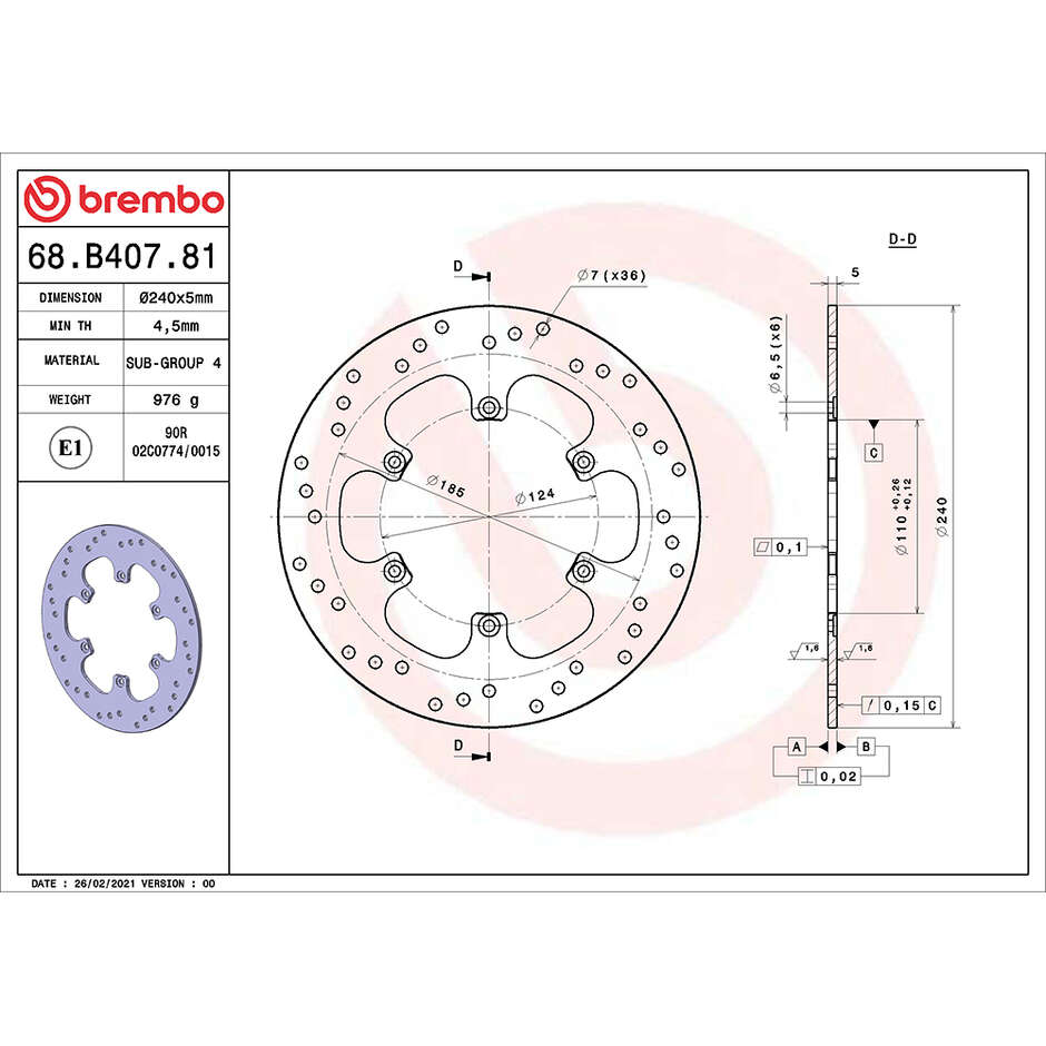 Brembo Gold Series 240mm Fixed Rear Motorcycle Brake Disc 68B40781