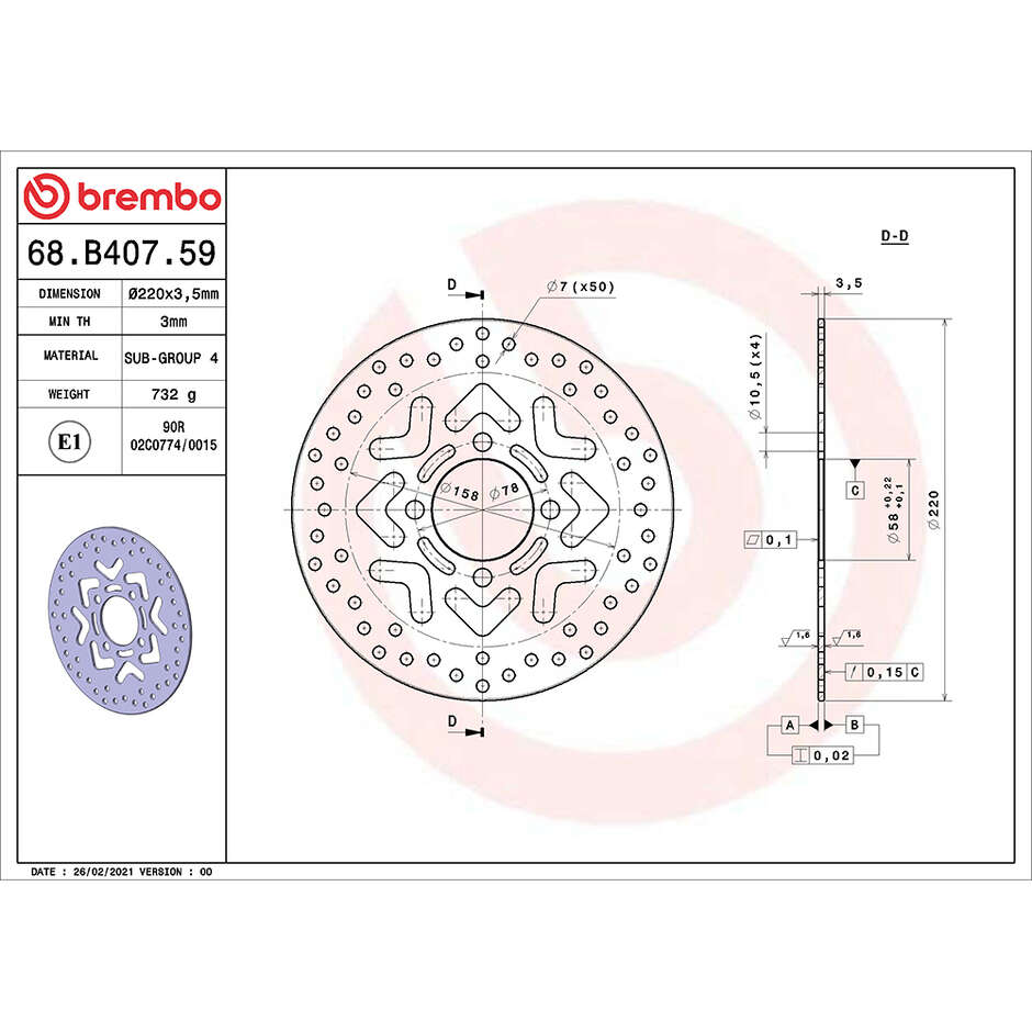 Brembo Serie Oro 220mm Fixed Front Motorcycle Brake Disc 68B40759 For HONDA NSC Vision (2012-2023); SH Mode (2013-2020) and other models