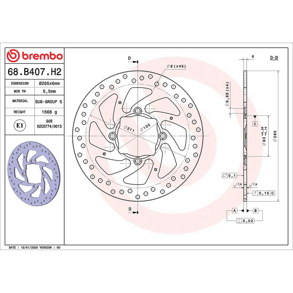 Brembo Serie Oro 265mm Fixed Rear Motorcycle Brake Disc 68B407H2