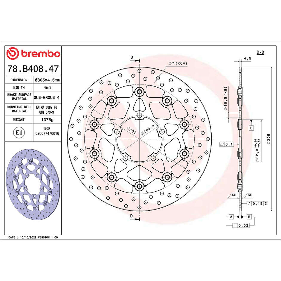 Brembo Serie Oro 305mm Front Floating Motorcycle Brake Disc 78B40847