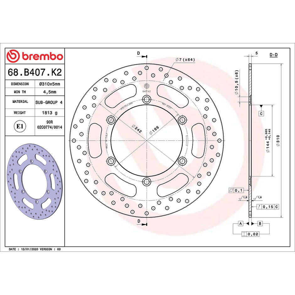 Brembo Serie Oro 310mm Fixed Front Motorcycle Brake Disc 68B407K2