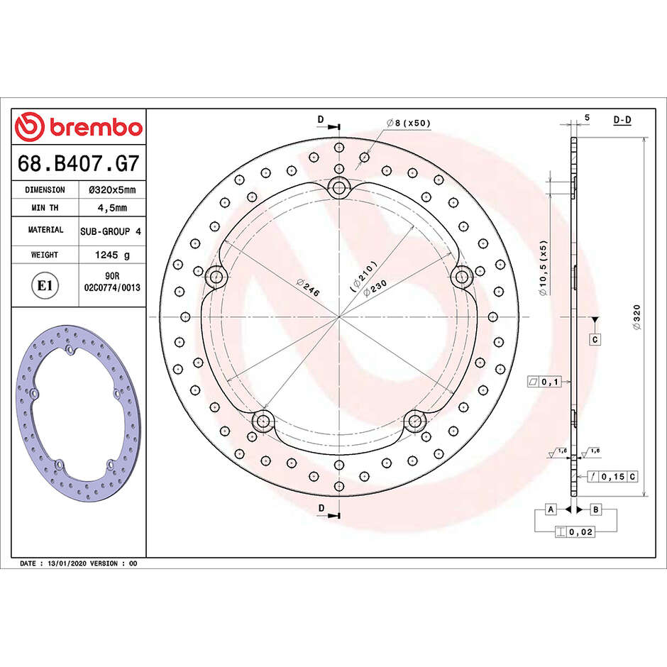 Brembo Serie Oro 320mm Fixed Front Motorcycle Brake Disc 68B407G7