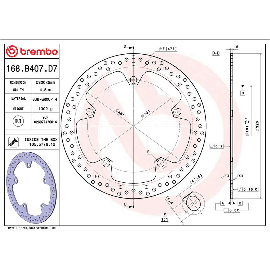 Brembo Serie Oro 320mm Front Fixed Motorcycle Brake Disc 168B407D7