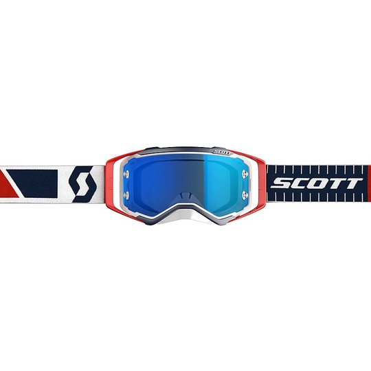 Brillen Moto Cross Enduro Prospect Scott White Red Objektiv Electric Blue + transparente Linse