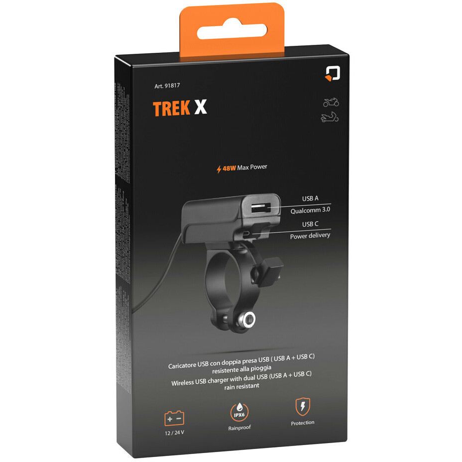 Caricatore USB Lampa TREK X con doppia presa USB (USB A + USB C) resistente alla pioggia
