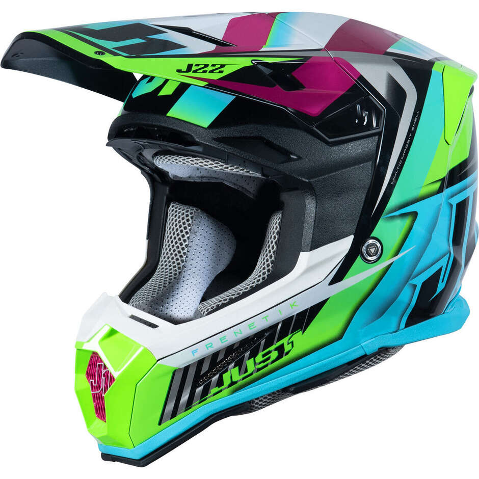 Casco Moto Cross Enduro in Fibra Just1 J22 Frenetik Giallo Lime Azzurro Nero