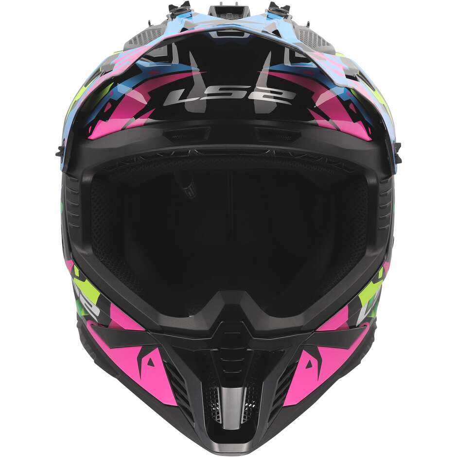 Casco Moto Cross Enduro LS2 MX708 FAST II GROTESK Blu Rosa Verde