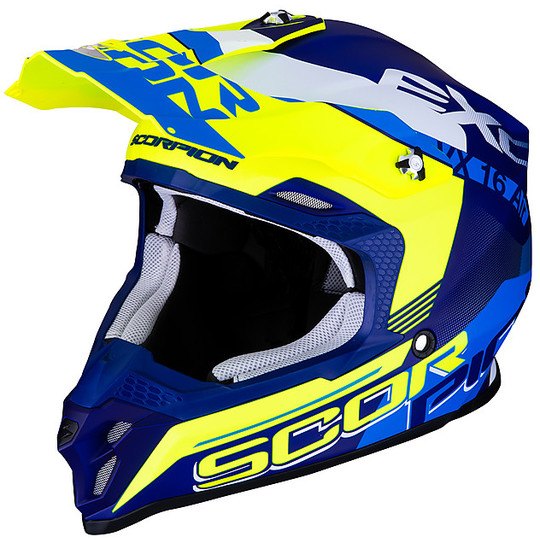 Casco Moto Cross Enduro Scorpion VX-16 ARHUS Blu Opaco Giallo Fluo